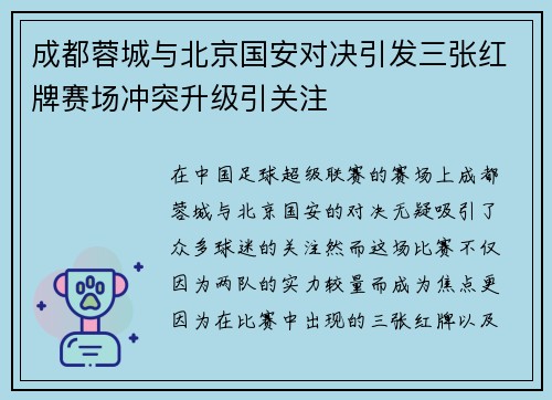 成都蓉城与北京国安对决引发三张红牌赛场冲突升级引关注